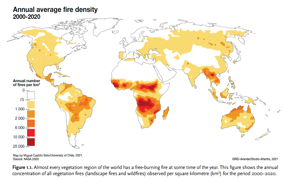 Map of the world's annual average fire density 2000-2020 