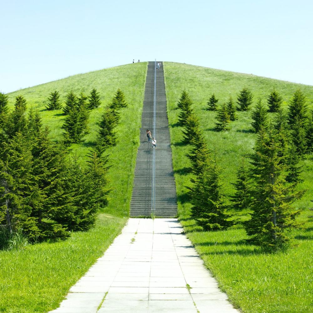 Long path and stairs up a green hill. 